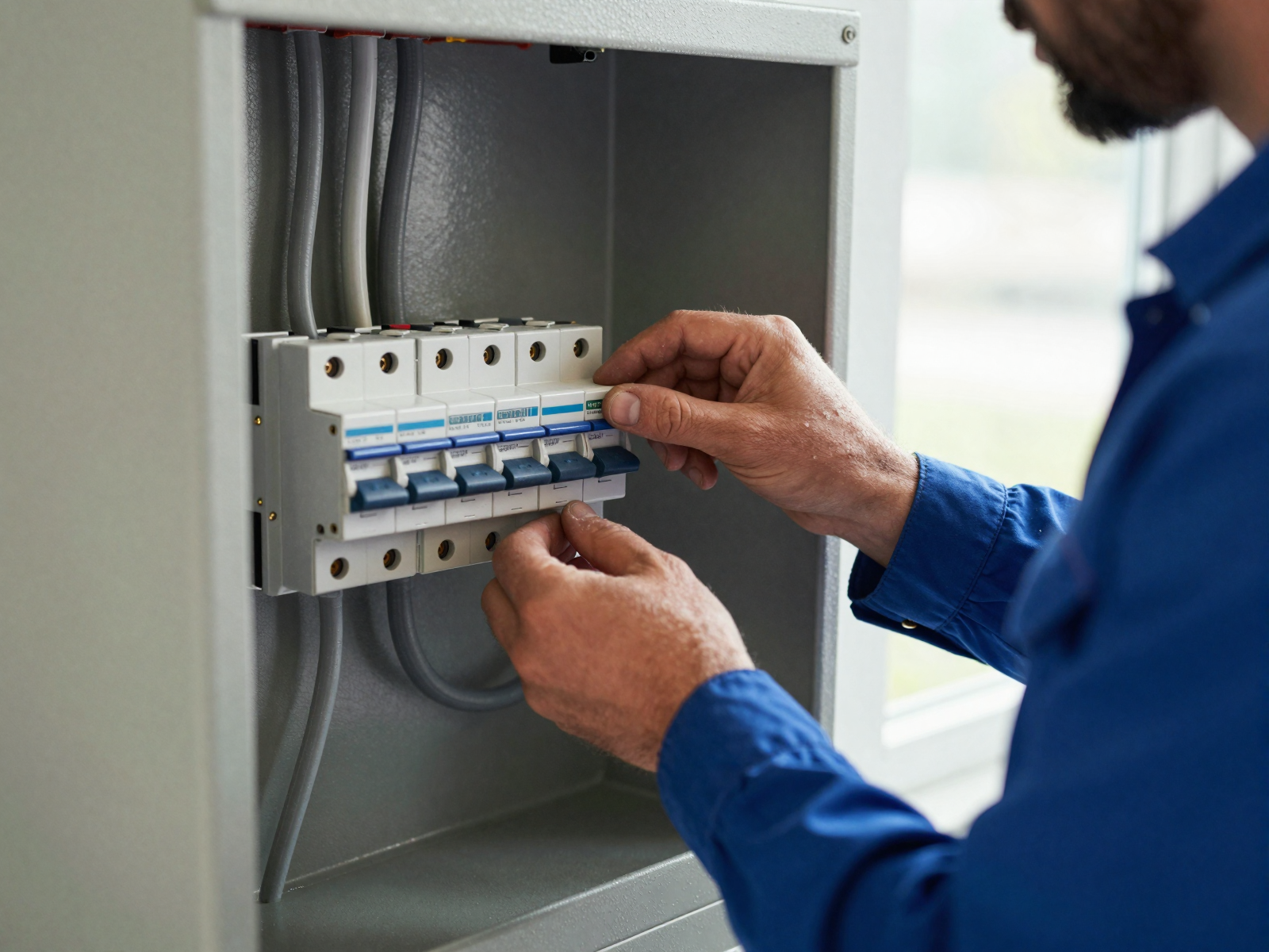 Electrician installing circuit breaker in residential service panel